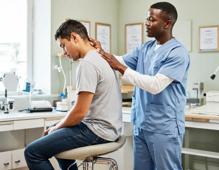 Healthcare provider evaluating a patient's neck pain after a car accident during a comprehensive musculoskeletal examination.