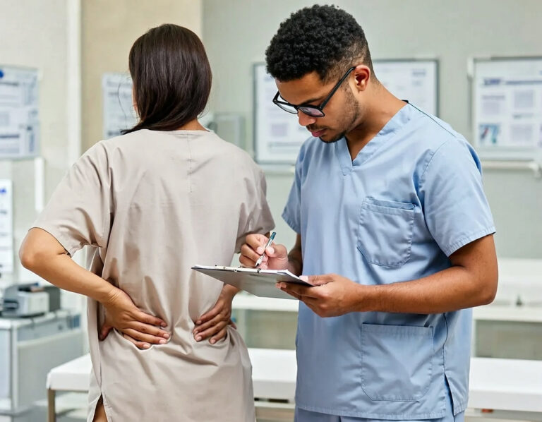 Healthcare provider documenting symptoms while evaluating a patient with hip and lower back pain after a car accident.