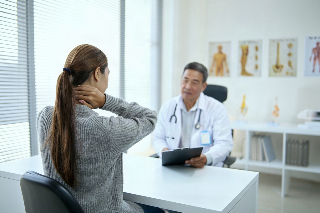 Healthcare provider evaluating a patient after a weekend car accident at a Florida injury clinic.